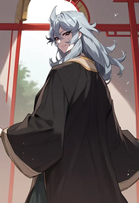 zPDXL3, score_9_up, score_8_up, score_7_up, (Anime_source), 1girl, Mara, red eyes, grey hair, long hair, Leader kimono, looking back, looking at viewer, closed mouth, smile, cowboy shot