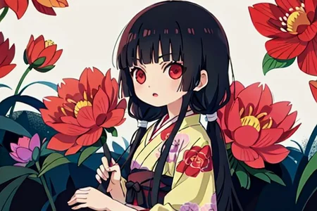 enma ai, hair down, hair black, bangs, eyes red, masterpiece, best quality, ultra-detailed, illustration, 1girl, solo, highres, photorealistic, ultra high res, (Original illustration composition), (fusion of limited color,Maximalism artstyle, kimono obi fashion, double exposure, background, illustration, Amazing, lily spider, night darkness, open one's mouth, finger, bouquet flowers red, low twintails, (polychromatic peony:1.15), Movie poster,