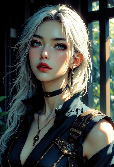 ink and brushstroke dismrt style, japanese female warrior, long loose platinum hair, blue eyes, dark eyeshadow, blusher, red lips, porcelain skin, earrings leather and bronze armour, dark abstract background, silhouetted in japanese formal garden, light hitting one side of face, the other side in darkness, direct gaze