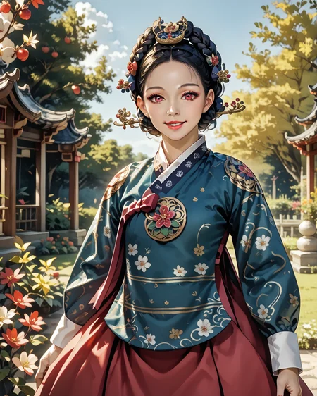 score_9, score_8_up, score_7_up, 1girl, wearing dangui, dangui clothing, waist-up, dynamic pose, orchard, sweet smile, garden, intricate patterns, jacquard fabric, extremely detailed clothing, insanely detailed, masterpiece, highest quality, absurdres, (best quality:1.1), detailed face, detailed hair, digital art, <lora:Dangui_Hanbok_XL:0.9>, <lora:Anime Summer Days 2 Style SDXL_LoRA_Pony Diffusion V6 XL:1>