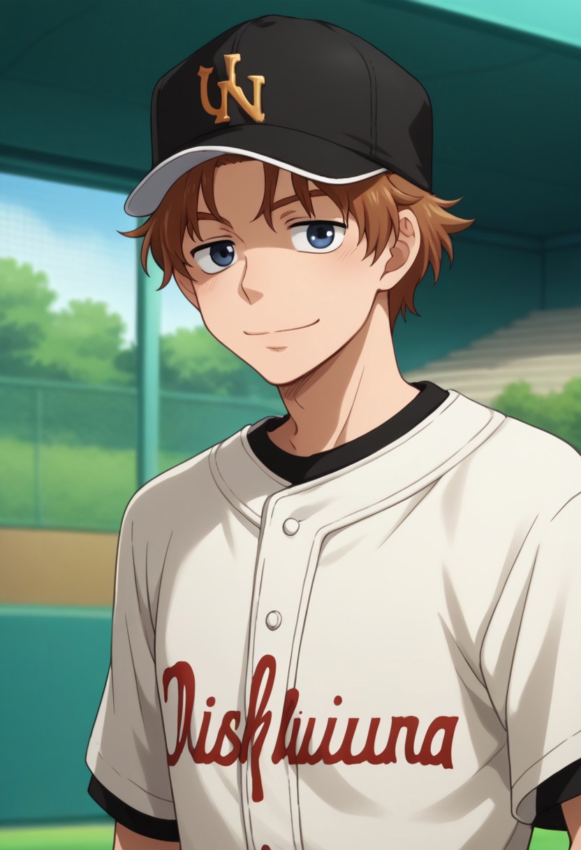 score_9, score_8_up, score_7_up, source_anime, highly detailed, 
fumiki, 1boy, male focus, brown hair, sportswear, hat, baseball cap, baseball uniform, smile, solo, blue eyes, looking at viewer,