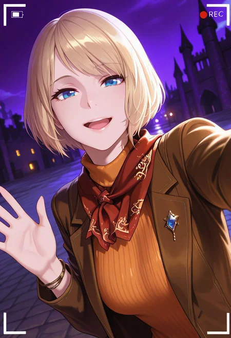 masterpiece,best quality,very aesthetic, absurdres,solo,1girl,<lora:Ashley_illustrious_v1:1>  Ashley,short hair,bob cut, blonde hair,blue eyes,faint lips,(happy,smile,open mouth),(red scarf,brown jacket,turtleneck, orange shirt, lips, jewelry, bracelet,sweater),(upper body,dynamic angle),(selfie,viewfinder,waving),(dark,night,purple theme,medieval castle,deep shadows)