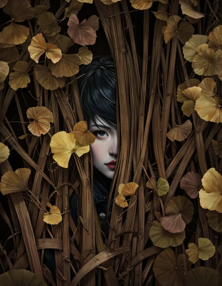 Art by Zhang Jing. A digital illustration shoot from a close-up camera angle about a mysterious figure surrounded by leaves and foliage, with a focus on a person's blue eye. the image also shows a close up of the person's face, partially obscured by the leaves, and a few ginkgo biloba leaves scattered around. on the middle of the image, a woman appears to be looking directly at the viewer, with her blue eyes gleaming with a sense of mystery. she is wearing a dark outfit and her hair is styled in a way that frames her face. the woman is surrounded by a dense forest of tall grasses and leaves, with the leaves in various shades of brown and yellow, creating a striking contrast against the dark background. the leaves are intricately detailed and have a realistic texture, adding depth and dimension to the image. the overall effect is a captivating and mysterious scene that draws the viewer in.