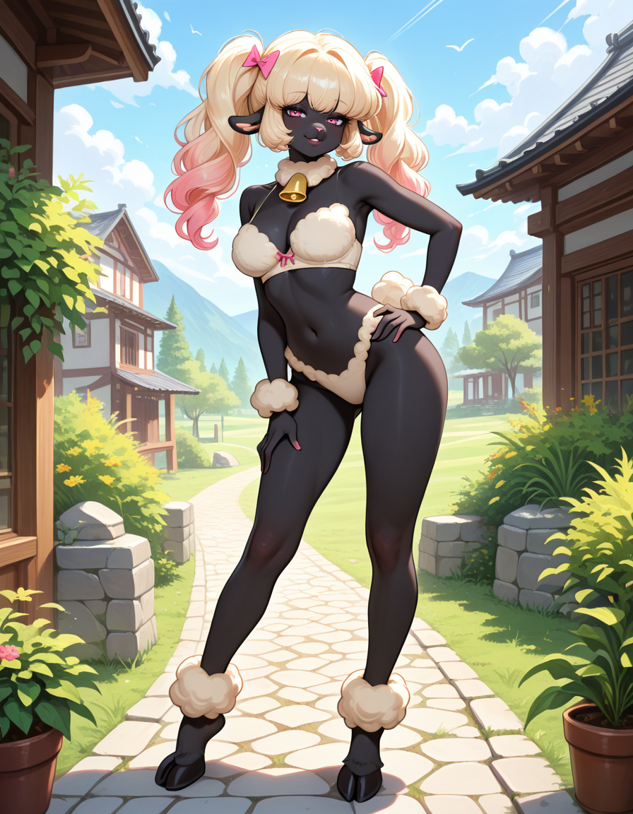 masterpiece, best quality, very aesthetic, absurdres,
outdoors,
full body, standing, posing,
seductive smile, parted lips, long eyelashes,
<lora:PoodleSheep_v01_NAIXL:1> P00dl3Sh33p,1girl, solo, furry, furry female, animal ears, long hair, bangs, hair bow, sheep ears, pink eyes, animal nose, neck bell, black skin, body fur, white fur, poodle tail, hooves,
