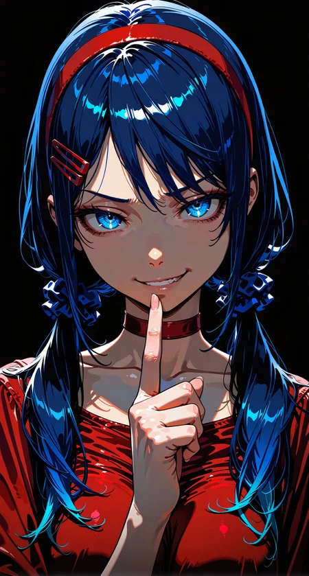 1girl,crazy mita \(miside\),blue eyes,low twintails,red hairband,blue scrunchie,red hairclip,red choker,finger to mouth,partially shaded face,head tilt,smirk,upper body,black background,blue hair,red shirt,colorful,surreal,glowing,staring,, masterpiece,best quality,amazing quality,high quality, newest, highres,8K,HDR,absurdres,vibrant colors,Volumetric lighting,cinematic,
<lora:iLLMythM4gicalL1nes:0.4>,m4gicall1nes,<lora:Sinozick_style:0.4>,sinozick_illu,