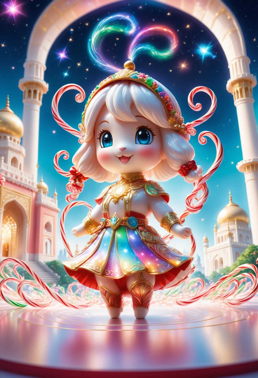 [ (anime art by Krenz Cushart:0.8) : Beatrix Potter:15], portrait art, (Taj Mahal:1.1) , Unusual, it is with Intecrate metal trimmings, Bokeh, Chibi Anime, Starlight, <lora:CandyCaneStyle:1>, Jed-Cndcne, <lora:SDXLFaeTastic2400:0.8>, Faetastic, magic atmosphere, highly contrasted, positive emotional, imposing, radiant, highly decorated, professional fine composition, perfect symmetry
