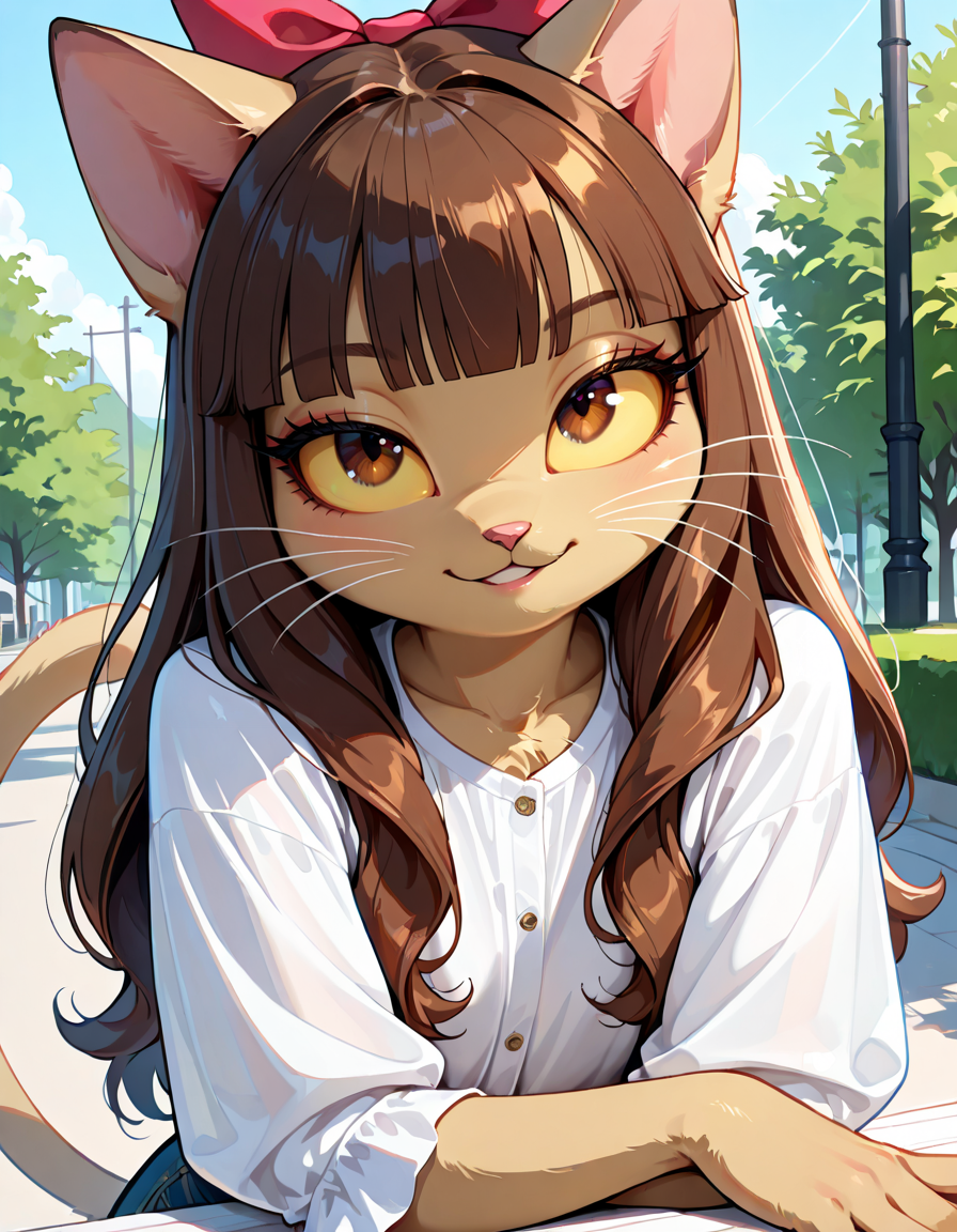 masterpiece, best quality, very aesthetic, absurdres,
outdoors, casual, 
seductive smile, parted lips, long eyelashes,
 <lora:Ivy_Pepper_v01_NAIXL:1>
1vyP3pp3r,1girl,solo,furry,furry female,cat girl,cat ears,brown hair,hair bow,long hair,blunt bangs,brown eyes,yellow sclera,animal nose,whiskers,body fur,cat tail,