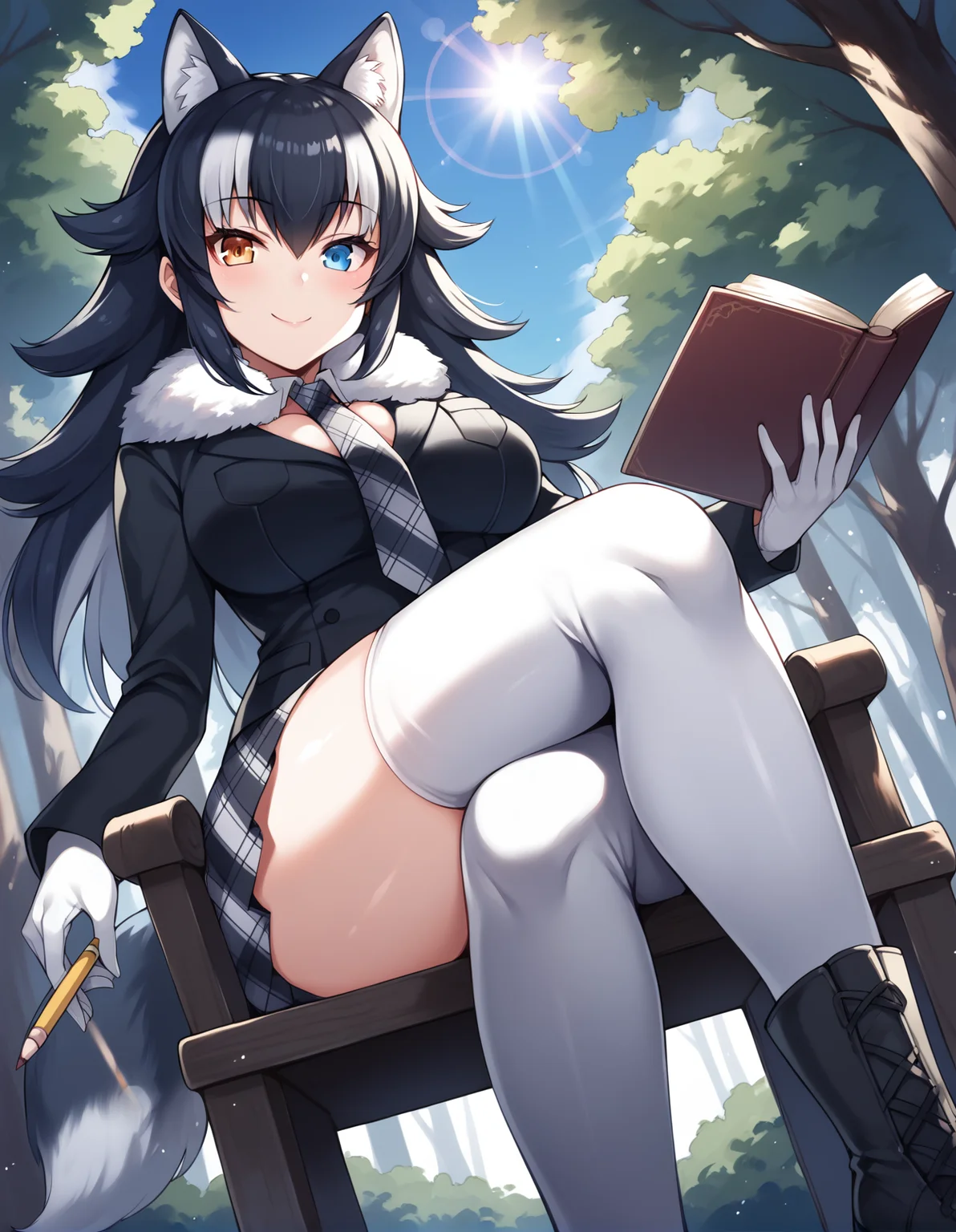 score_9, score_8_up, score_7_up, score_6_up, score_5_up, score_4_up, source_anime, rating_explicit, BREAK <lora:greyWolfXL_LoRA-C3Lier_AdamW_Dim16_Alpha16_UN-3e-4_TE-1.5e-4_10batch_ponyDiffusionV6XL_v6StartWithThisOne:1>, grey wolf \(kemono friends\), 1girl, two-tone hair, long hair, wolf ears, heterochromia, large breasts, fur collar, collared shirt, black shirt, breast pocket, plaid necktie, plaid skirt, pleated skirt, white gloves, two-tone thighhighs, fur-trimmed boots, light smile, sitting, crossed legs, from below, looking down, looking at viewer, dutch angle, facing viewer, holding pencil, holding book, wooden chair, tree shade, forest, sunlight, lens flare, blue sky