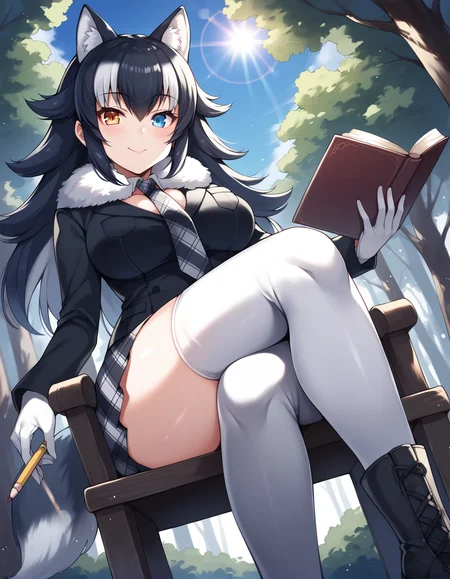 score_9, score_8_up, score_7_up, score_6_up, score_5_up, score_4_up, source_anime, rating_explicit, BREAK <lora:greyWolfXL_LoRA-C3Lier_AdamW_Dim16_Alpha16_UN-3e-4_TE-1.5e-4_10batch_ponyDiffusionV6XL_v6StartWithThisOne:1>, grey wolf \(kemono friends\), 1girl, two-tone hair, long hair, wolf ears, heterochromia, large breasts, fur collar, collared shirt, black shirt, breast pocket, plaid necktie, plaid skirt, pleated skirt, white gloves, two-tone thighhighs, fur-trimmed boots, light smile, sitting, crossed legs, from below, looking down, looking at viewer, dutch angle, facing viewer, holding pencil, holding book, wooden chair, tree shade, forest, sunlight, lens flare, blue sky
