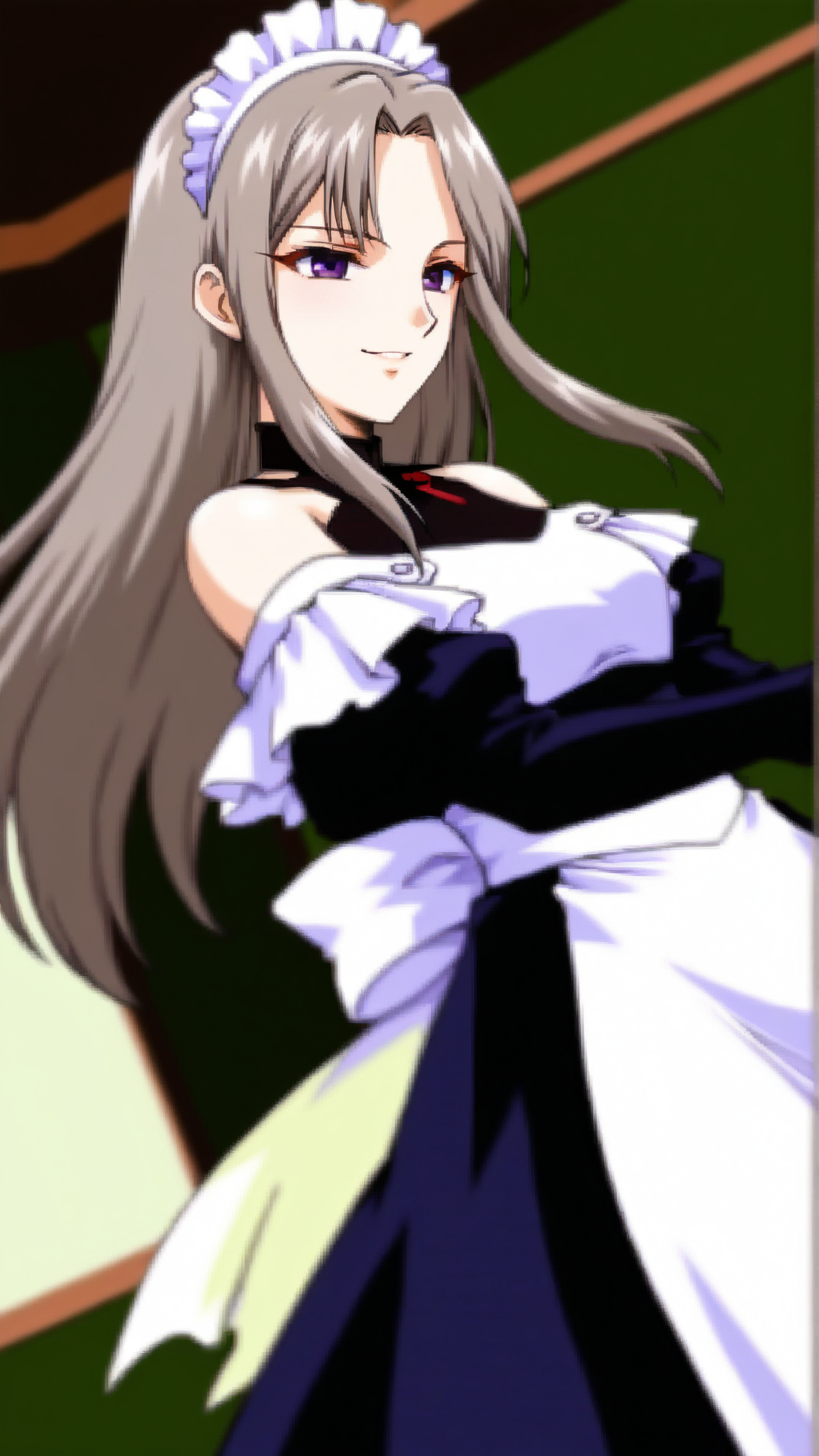 source_anime, general, best quality, masterpiece, 1girl,  <lora:Maria_Nichols_ill:1> maria_nichols\(gbattle\),long hair, grey hair,purple eyes,sidelocks, bare shoulders, maid, maid headdress, maid apron, smile, seductive (smile:0.7), dynamic pose, dutch angle, cowboy shot,