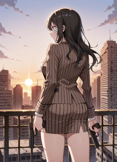 unholy-aesthetic, masterpiece, best quality, amazing quality, absurdres,
ts_hgm, 1girl, solo,black hair, long hair, half mask, black headband, blue eyes, cleavage, large breasts,
necklace, jewelry, brown blazer, black striped blazer, brown skirt, black striped skirt, pencil skirt,
Look away, standing, holding handgun, skyscraper, post-apocalypse, sunset, outdoors, depth_of_field, blurry background, from behind, back view,