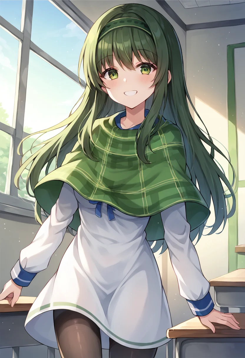 score_9,score_8_up,score_7_up,source_anime,masterpiece,best quality,1girl,solo,dynamic_angle,tsukisuzu_shirona,green eyes,green hair,long hair,green hairband,dress,sailor dress,school uniform,long sleeves,pantyhose,plaid,white dress,black pantyhose,green capelet,<lora:shirona:1>,looking_at_viewer,cowboy_shot,classroom,window,smile,