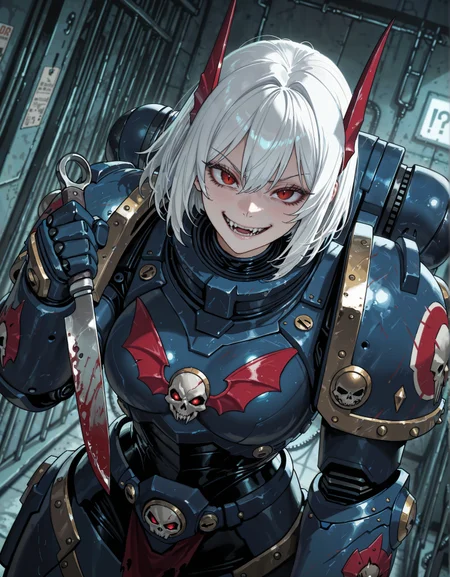 masterpiece, best quality,high quality, newest, highres,8K,HDR,absurdres, NightL40K, 1girl, white hair, power armor, evil smile, fangs, red eyes, holding a knife, interrogator, torture room, surgical tools, horror, dutch angle, close up, <lora:ILLNightL40K:1>