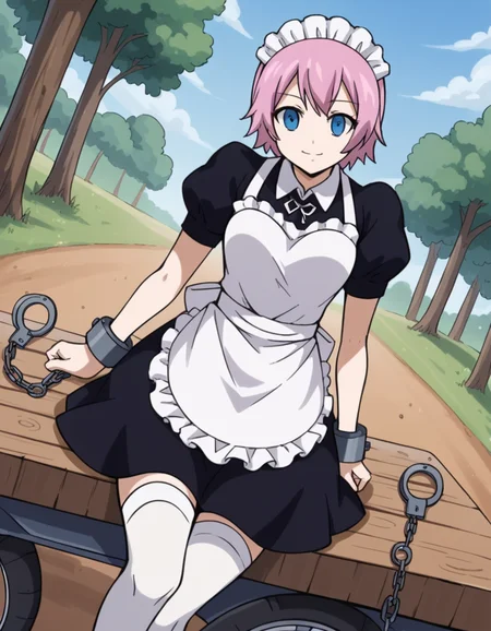 score_9, score_8_up, score_7_up, source_anime, <lora:fairytail-virgo-s7-ponyxl-lora-nochekaiser:1>,, maid virgo, short hair, bangs, blue eyes, pink hair, thighhighs, dress, short sleeves, shoes, puffy sleeves, black footwear, apron, black dress, white thighhighs, puffy short sleeves, zettai ryouiki, maid, maid headdress, white apron, maid apron, cuffs, enmaided, handcuffs,, bike ride, countryside, dirt road, trees, afternoon sun, peaceful, alone, smile, looking at viewer, arm resting on table, solo,, cowboy shot, dutch angle