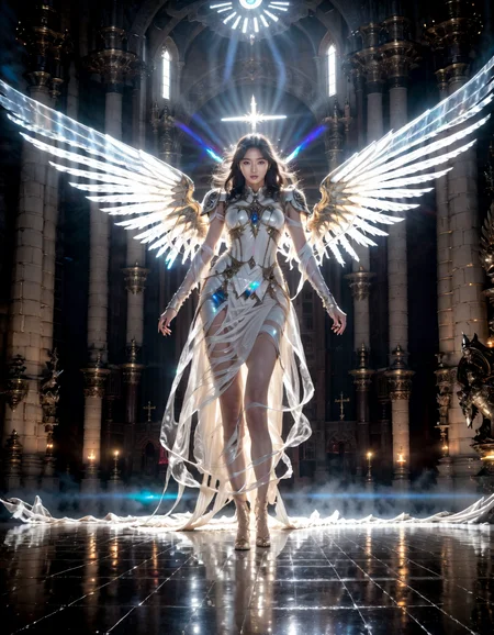 shine colorful,1girl,korean idol,glowing particle,female in armor with glowing angel wings,horror christian cathedral,nighttime,dungeons and dragons,<lora:Shine_colorful_XL_15E2B3A3C_RT:1>,<lora:fix_hands:1>,