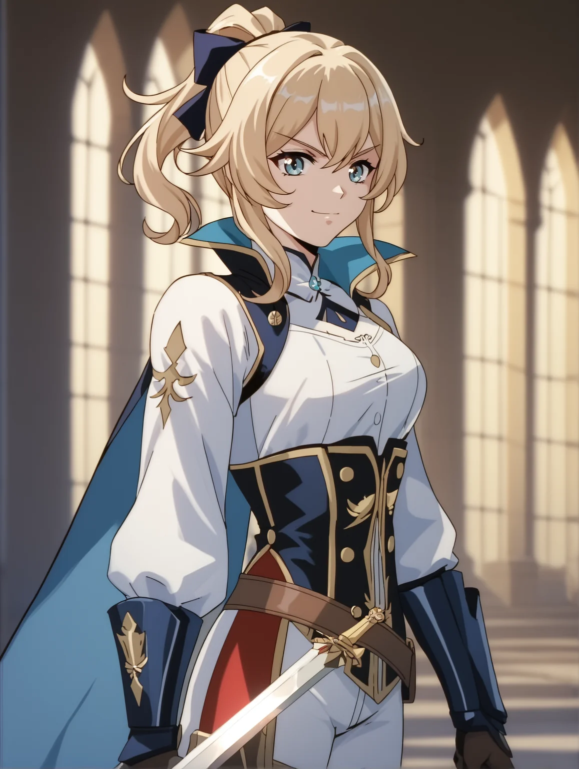 score_9, score_8_up, score_7_up, <lora:words-worth-ponyxl-000009:0.8> jean \(genshin impact\), castle, sword, smirk, cowboy shot