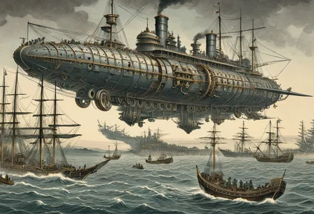 concept-art, engraving of steampunk pre-dreadnough class battleship carrying flying machines, bay of Tokio, 1863 by Gustave Dore and hokusai undertones