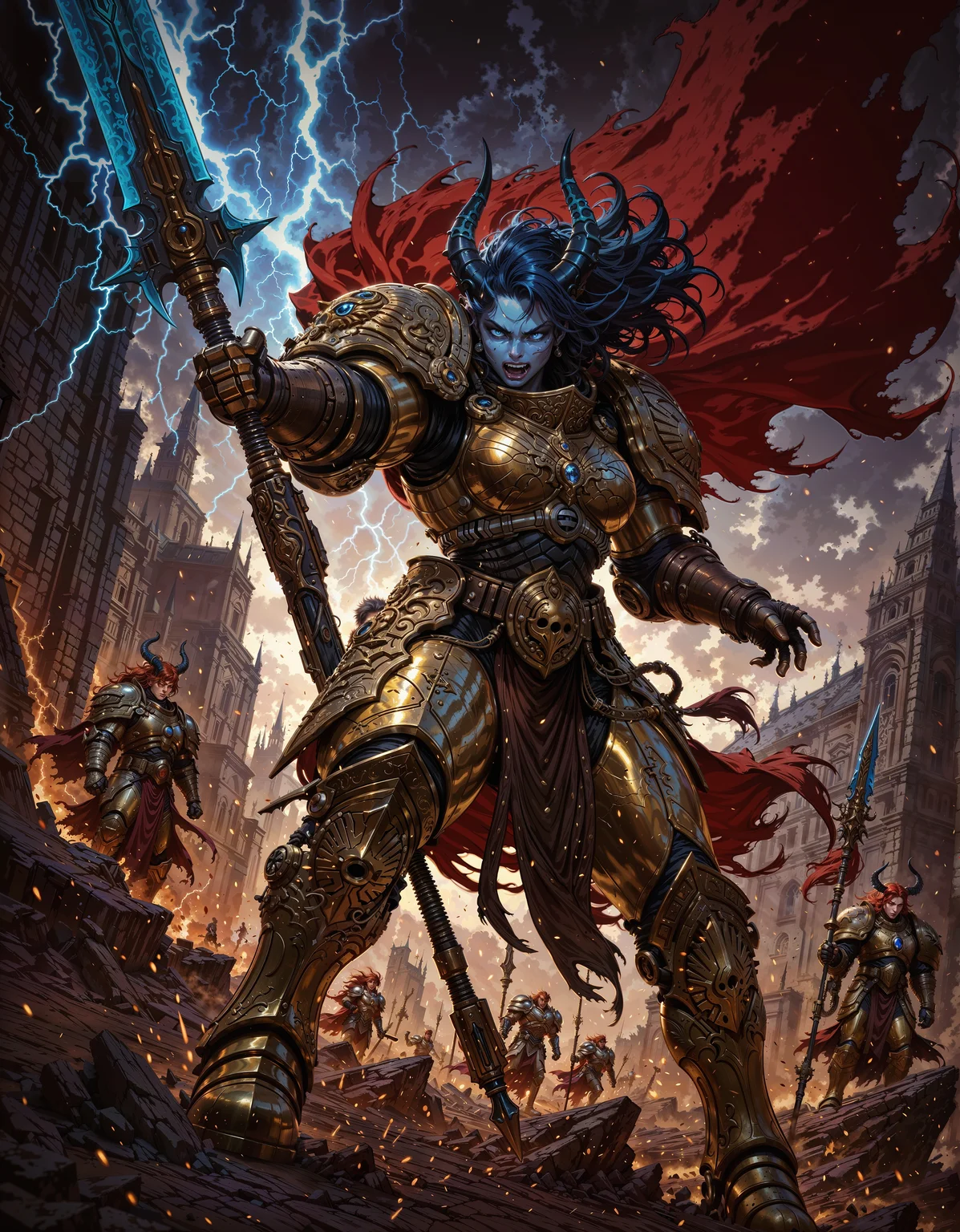 masterpiece, best quality,high quality, newest, highres,8K,HDR,absurdres, 1girl, tiefling, solo, iLLCustodes40k, lightning aura, fangs, powerful and muscular, blue skin, sharp black horns, piercing blue eyes, long wild hair, battle-scarred, holding a spear, power armor, golden armor, tattered cape, standing on a battlefield, embers in the air, cracked ground from impact, war cry, battle stance, intense expression, medieval fantasy, dramatic lighting, detailed background, depth of field, dynamic pose, detailed background, dynamic pose, dynamic composition,dutch angle, detailed backgroud,foreshortening,blurry edges, <lora:iLLMythM4gicalL1nes:0.8> M4gicalL1nes <lora:iLLCustodes40k:1>
