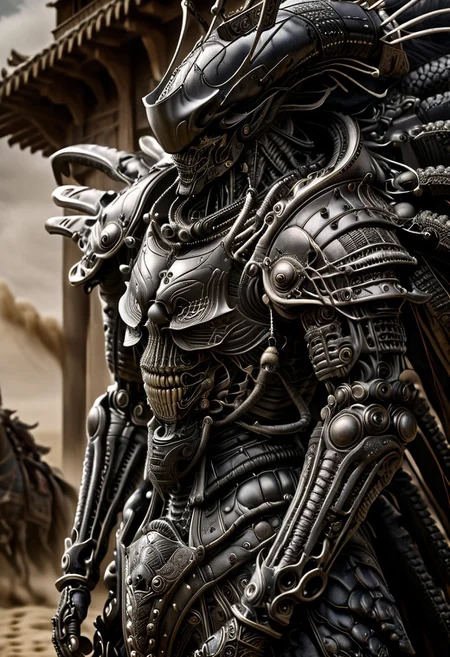 stunning, magnificent, HD, photorealistic, samurai, dramatic lighting, solo, standing alone in a desert, intricate details, intricate armor, intense gaze, mythical, legendary, powerful, ((dark, evening)), cinematic, close-up, art by hr giger,
armor, science fiction, no humans,
vintage painting,painting,realism,Americana art,artistic style