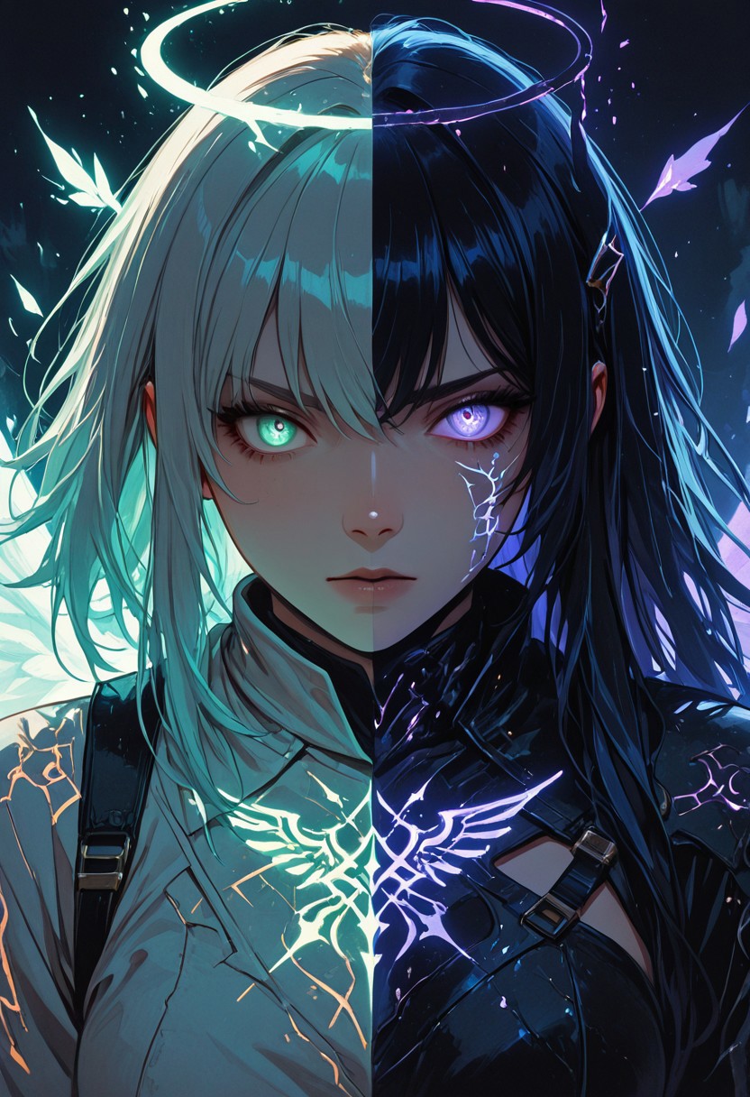 (masterpiece), (best quality), (8k), two girls, angel and demon, intense stare-down, not fighting but full of tension, glowing eyes, magical aura, emissive lighting effects, cinematic lighting, golden hour glow, divine vs infernal contrast, glowing halo above angel, broken or burning halo above demon, floating sparks, glowing tattoos or markings, glowing feathers vs shadowy wings, ambient light particles, symmetrical composition, high detail, soft shadows and light contrast, dramatic environment, detailed armor and flowing cloth, mystical energy in air,