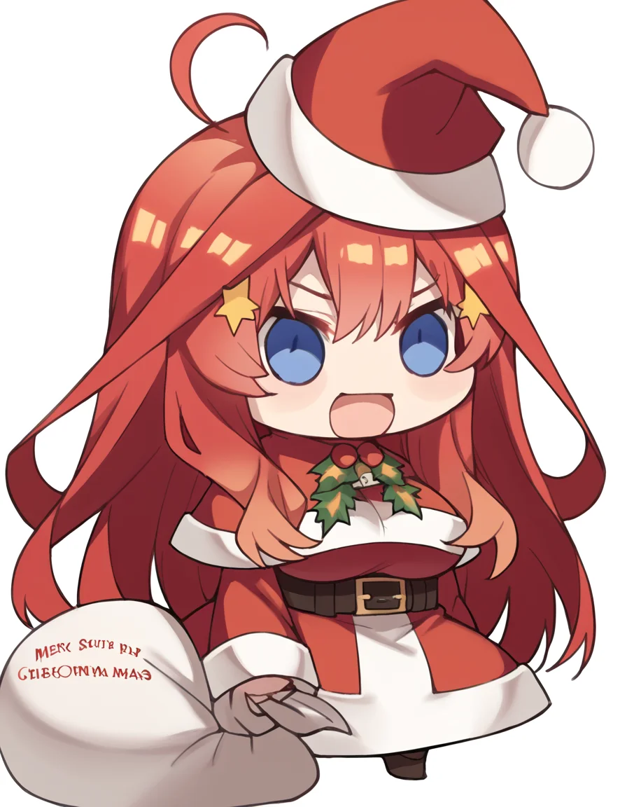 score_9, score_8_up, score_7_up, source_anime, <lora:itsuki-nakano-s2-ponyxl-lora-nochekaiser:1>, itsuki nakano, bangs, long hair, blue eyes, hair between eyes, ahoge, red hair, star (symbol), hair ornament, star hair ornament, large breasts, <lora:padoru-ponyxl-lora-nochekaiser:1>, padoru, padoru (meme), holding sack, sack, santa hat, meme, christmas, open mouth, chibi, red capelet, santa dress, capelet, fur-trimmed headwear,, ,