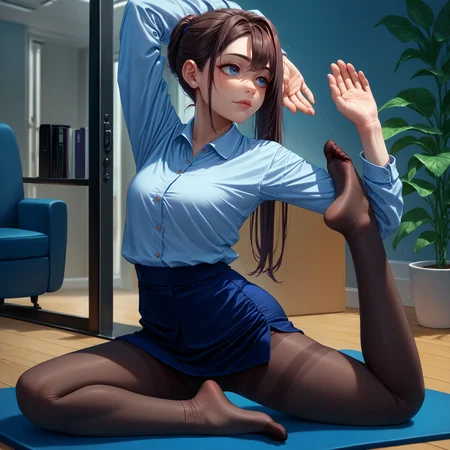 score_9, score_8_up, score_7_up, pigeon pose, stretching, flexible, exercise, plantar flexion, arms up, own hands together, <lora:PigeonPose_pdxl_Incrs_v1:1>, 1girl, clothed, office lady, pantyhose, thighs, feet,