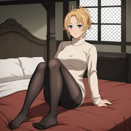 ,,,masterpiece,best quality,highres,4k,8k,intricate detail,cinematic lighting,perfect_eyes,High face detail,rating_explicit,high resolution,detailed eyes,
(score_7_up), source_anime,anime coloring,anime,(anime screencap),,zPDXL,
,,detailed background,, day, Medieval architecture, medieval, indoors, bed, on bed,
, looking at viewer, full body, light smile, lying on bed,on back,
, alternate costume, (sweater dress), turtleneck sweater, white sweater, ribbed sweater, black pantyhose,
,,zenith greyrat,mushoku tensei, short hair, blonde hair, blue eyes, ahoge, parted bangs, short ponytail,mature female,
, <lora:Zenith_Greyrat_PonyXL_v1:0.65>
