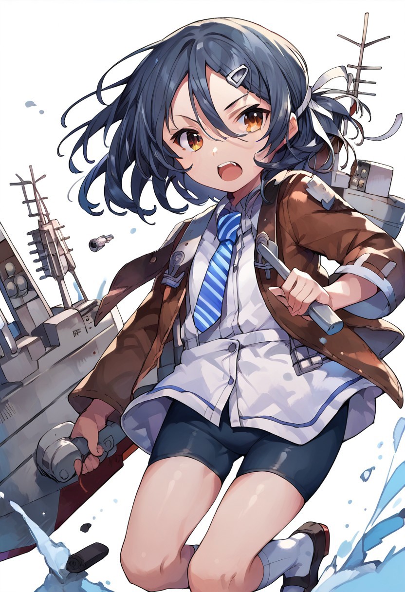 score_9, score_8_up, score_7_up, source_anime, inagi (kancolle), blue necktie, holding weapon, open mouth, machinery, bike shorts, cowboy shot, shoes, socks, cannon, shorts