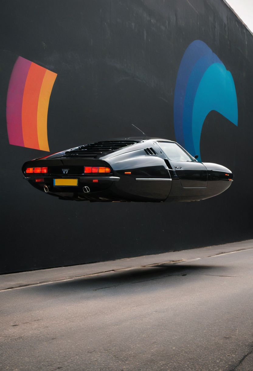 Made of bold lines, vertical lines, 3d deep depth effect, Stretching shadows, Flying hovering Car, a Vintage hovering super car, Hovering_Car, A road stretches behind her head, colorful depth of lenticular, bold lines async, deep blacks,