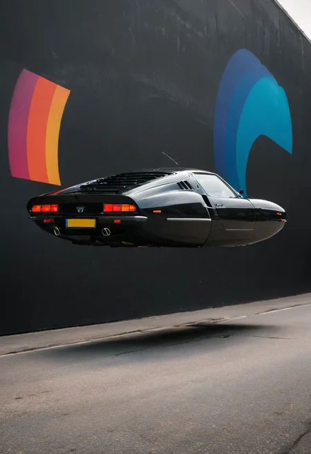 Made of bold lines, vertical lines, 3d deep depth effect, Stretching shadows, Flying hovering Car, a Vintage hovering super car, Hovering_Car, A road stretches behind her head, colorful depth of lenticular, bold lines async, deep blacks,