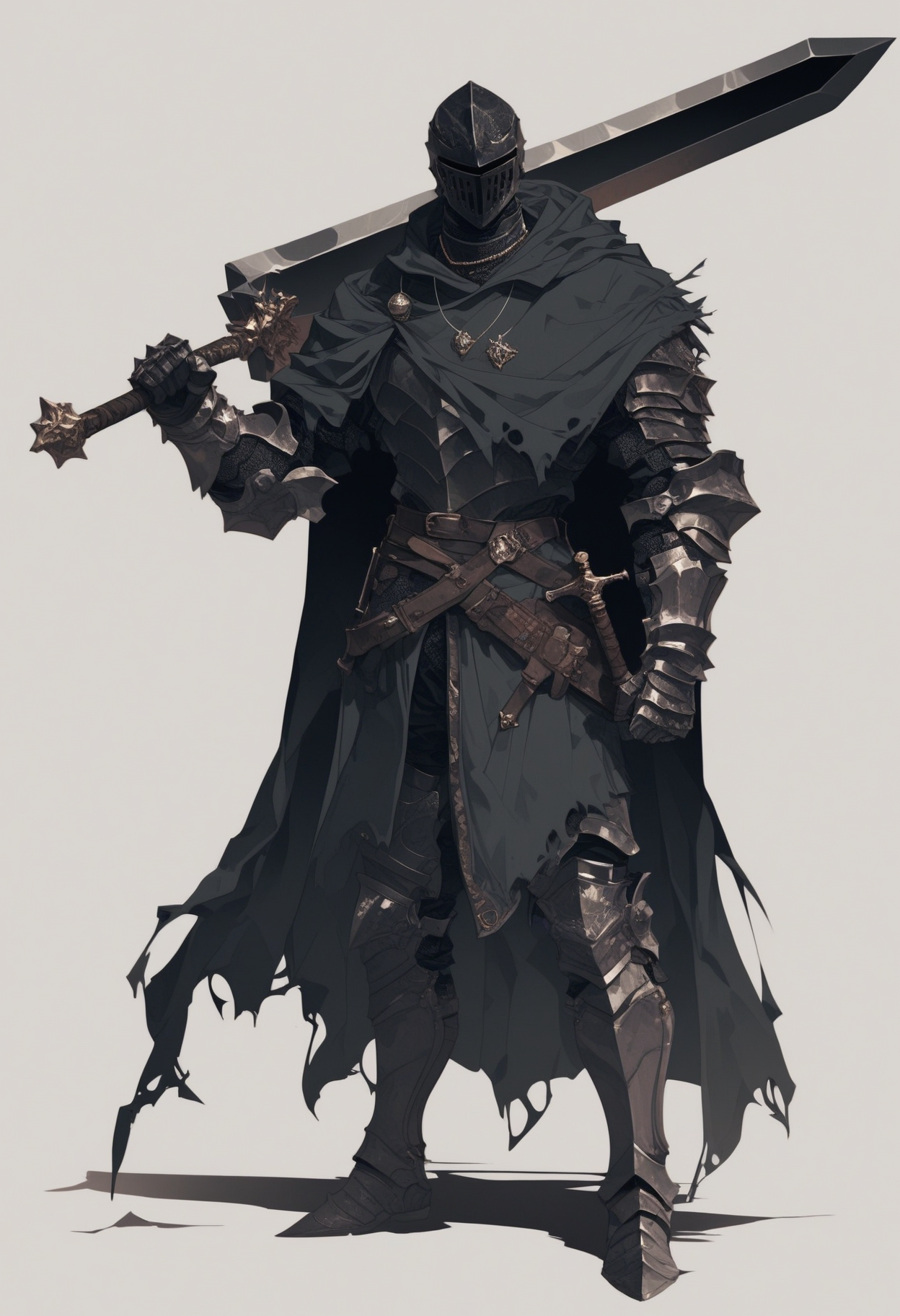 score_9, score_8_up, score_7_up, score_6_up, score_5_up, score_4_up,
 <lora:ArmorSentinelV2:1>, arm0rs3nt1n3l,
giant sword, solo, simple background, white background, 1boy, holding, jewelry, standing, full body, male focus, weapon, boots, pants, belt, hood, sword, holding weapon, necklace, cape, armor, torn clothes, holding sword, helmet, knife, shoulder armor, clenched hand, facing viewer, gauntlets, sheath, cloak, sheathed, breastplate, armored boots, fantasy, dagger, scabbard, over shoulder, greaves, huge weapon, weapon on back, weapon over shoulder, knight, full armor, black armor, torn cape, helm, greatsword, torn, sword over shoulder, torn cloak