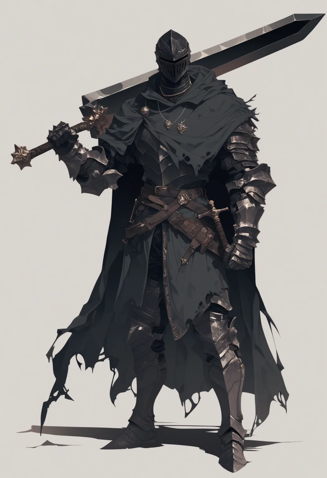 score_9, score_8_up, score_7_up, score_6_up, score_5_up, score_4_up,
 <lora:ArmorSentinelV2:1>, arm0rs3nt1n3l,
giant sword, solo, simple background, white background, 1boy, holding, jewelry, standing, full body, male focus, weapon, boots, pants, belt, hood, sword, holding weapon, necklace, cape, armor, torn clothes, holding sword, helmet, knife, shoulder armor, clenched hand, facing viewer, gauntlets, sheath, cloak, sheathed, breastplate, armored boots, fantasy, dagger, scabbard, over shoulder, greaves, huge weapon, weapon on back, weapon over shoulder, knight, full armor, black armor, torn cape, helm, greatsword, torn, sword over shoulder, torn cloak