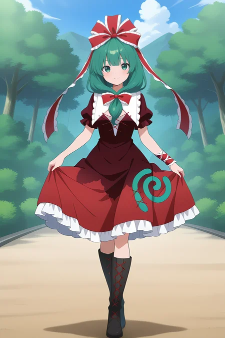absurdres, highres, masterpiece, best quality, amazing quality, official anime artwork, screencap, anime screencap, outdoors, looking at viewer, light smile, dynamic pose,
 <lora:Hina-Kagiyama_Illustrious:1> kagiyama hina, 1girl, solo, green eyes, green hair, long hair, front ponytail,, hair ribbon, red ribbon, lace trim, red dress, short sleeves, frilled skirt, black boots,