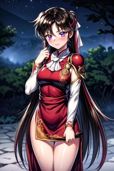 best quality 1girl Setsun4 solo long hair, (night time) forest background black hair very long hair purple eyes multicolored hair armor, small, (fur trim) (medium body),<lora:EMS-179-EMS:0.800000>,<lora:EMS-293862-EMS:0.800000> bow, hair_bow, hair_tubes, red_bow, brown_hair, long_hair, bangs, ascot, frilled_bow, yellow_ascot, blush, smile, hair_between_eyes, athletic, armor, miko, ,(((intricate outfit,intricate clothes,embroidered outfit,ornate outfit,embroidered clothes,ornate clothes))), strengthmda