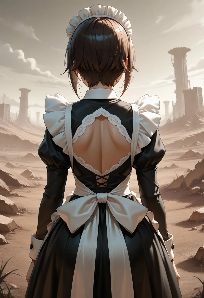 maid, from behind, wasteland, back cutout
