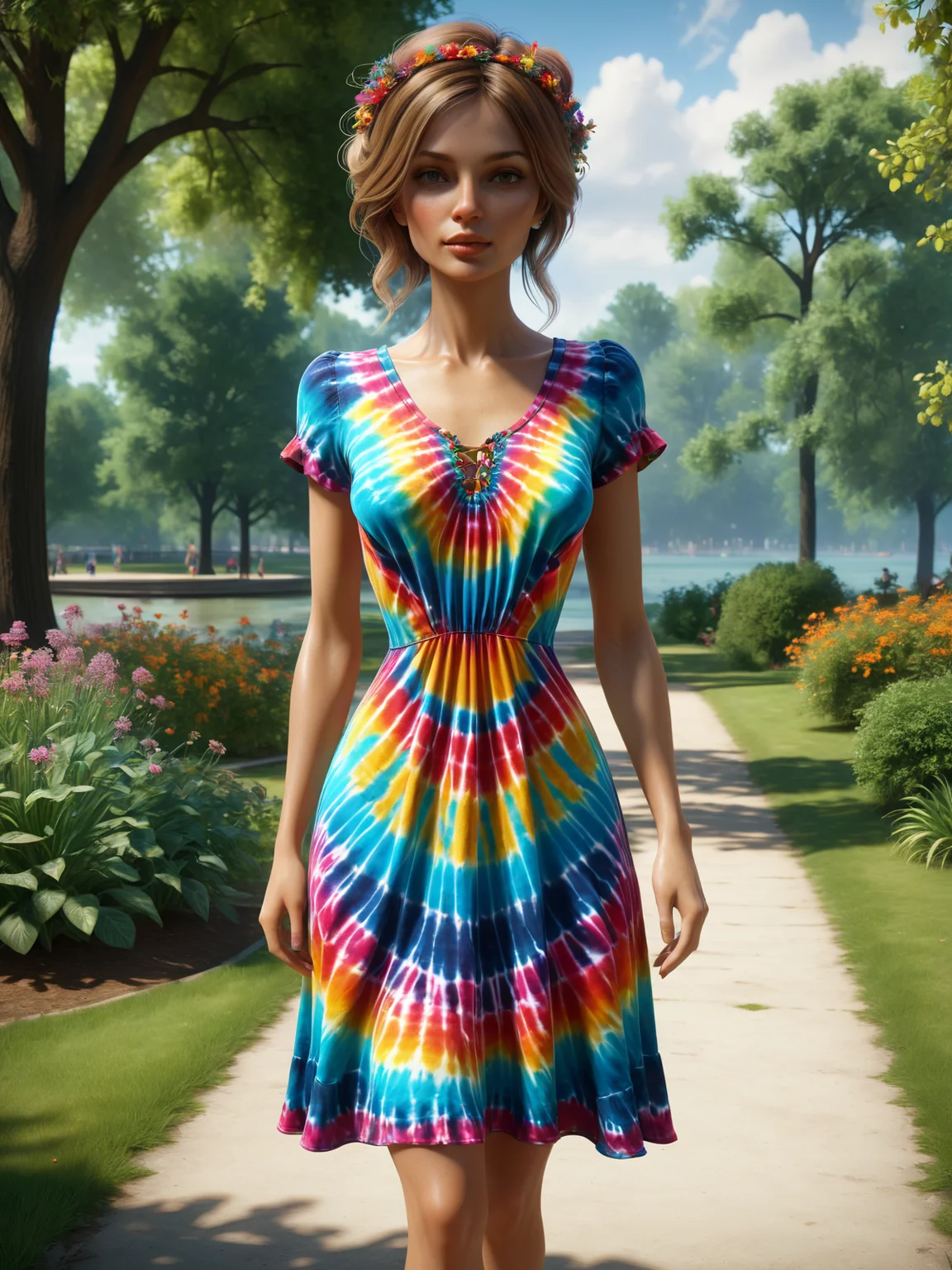 woman wearing a mad-tiedye summerdress, park <lora:Colorful_Tie-Dye_SDXL:0.8>, (masterpiece:1.2), best quality, (hyperdetailed, highest detailed:1.2), high resolution textures