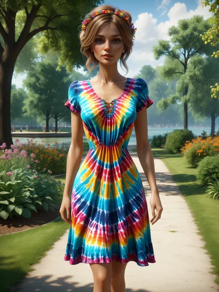 woman wearing a mad-tiedye summerdress, park <lora:Colorful_Tie-Dye_SDXL:0.8>, (masterpiece:1.2), best quality, (hyperdetailed, highest detailed:1.2), high resolution textures