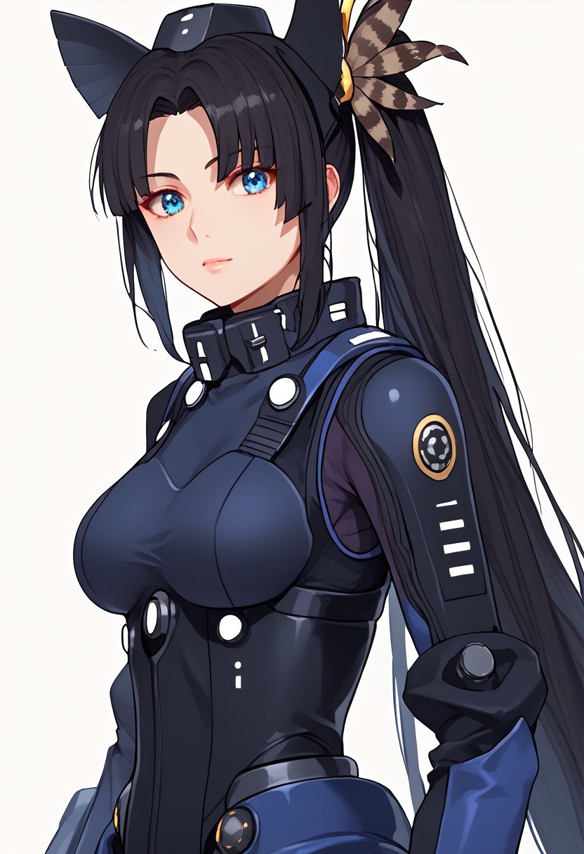1girl, black hair, very long hair, blue eyes, hair bun, side ponytail, circlet, hair ornament, head wings, feathers, leotard, mecha, high collar, power suit, mechanical gloves, Mechanical Boots, Head-Mounted Display, simple background, white background, <lora:Mashu:1> contraposto, cowboy shot  <lora:Ushiwaka:1>, score_9, score_8_up, score_7_up, score_6_up, score_5_up, score_4_up, BREAK source_anime, masterpiece, upper body, zoom out, looking at viewer, black inner clothes, mature, black inner pants,