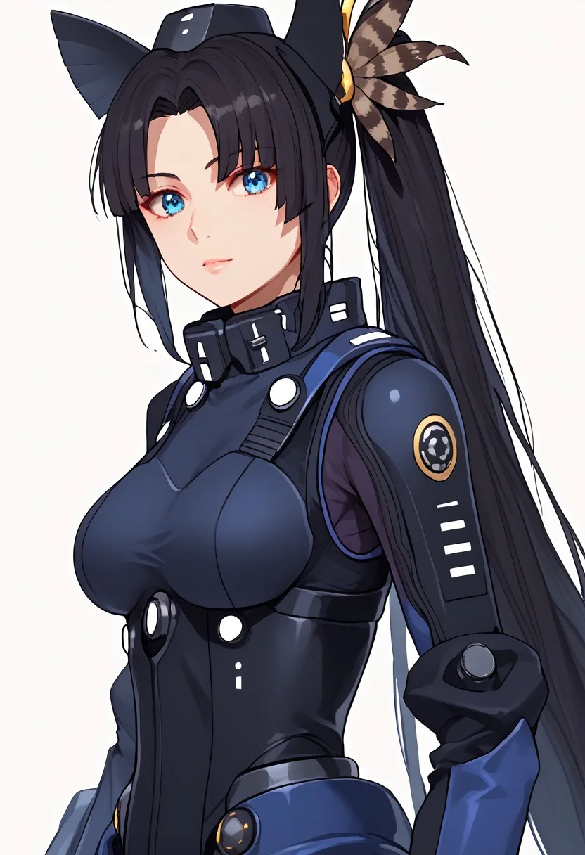 1girl, black hair, very long hair, blue eyes, hair bun, side ponytail, circlet, hair ornament, head wings, feathers, leotard, mecha, high collar, power suit, mechanical gloves, Mechanical Boots, Head-Mounted Display, simple background, white background, <lora:Mashu:1> contraposto, cowboy shot <lora:Ushiwaka:1>, score_9, score_8_up, score_7_up, score_6_up, score_5_up, score_4_up, BREAK source_anime, masterpiece, upper body, zoom out, looking at viewer, black inner clothes, mature, black inner pants,