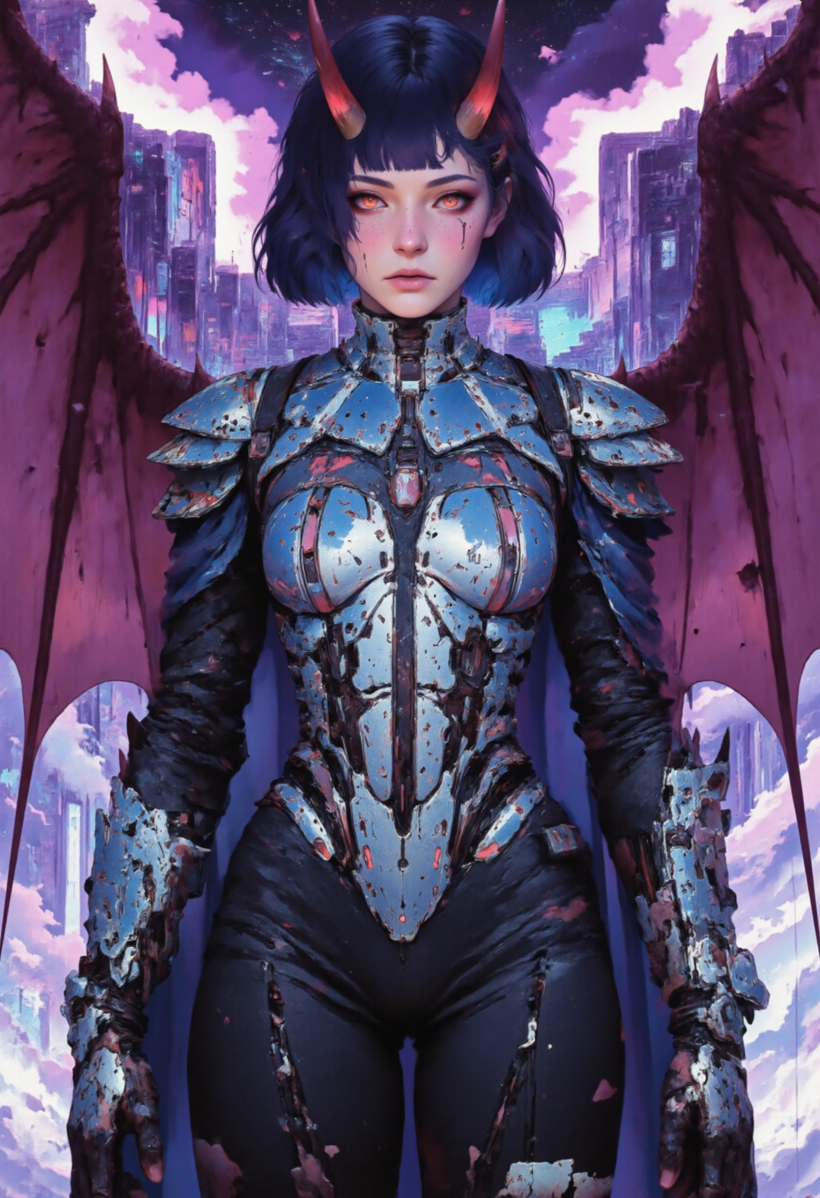 gl1tchc0re, glitch reality,,  glitched digital painting depicting a fantasy cyberpunk warrior with demonic features. laser monocle, in a electron city. The subject is a female warrior with short, dark hair, sharp, pointed horns on her head, and large, bat-like wings with red membranes and dark veins. She wears ornate, blue and silver (((cybernetic armor))) with intricate designs, including a cybernetic chest plate, shoulder guards, and laser gauntlets. Her body suit features a mix of (((black latex))) and sci-fi metal, with a flowing, dark blue 
 (((digital))) cloak that billows behind her. cybernetic landscape., Bold, iconic, dynamic, dramatic, complex background, gorgeous, extremely intricate details. ((Styled by Katsuhiro Otomo, dark purple triangle., ((Synthwave)) , abstract lines , (minimalism ), ray tracing details in the style of Stephen Gammell)).