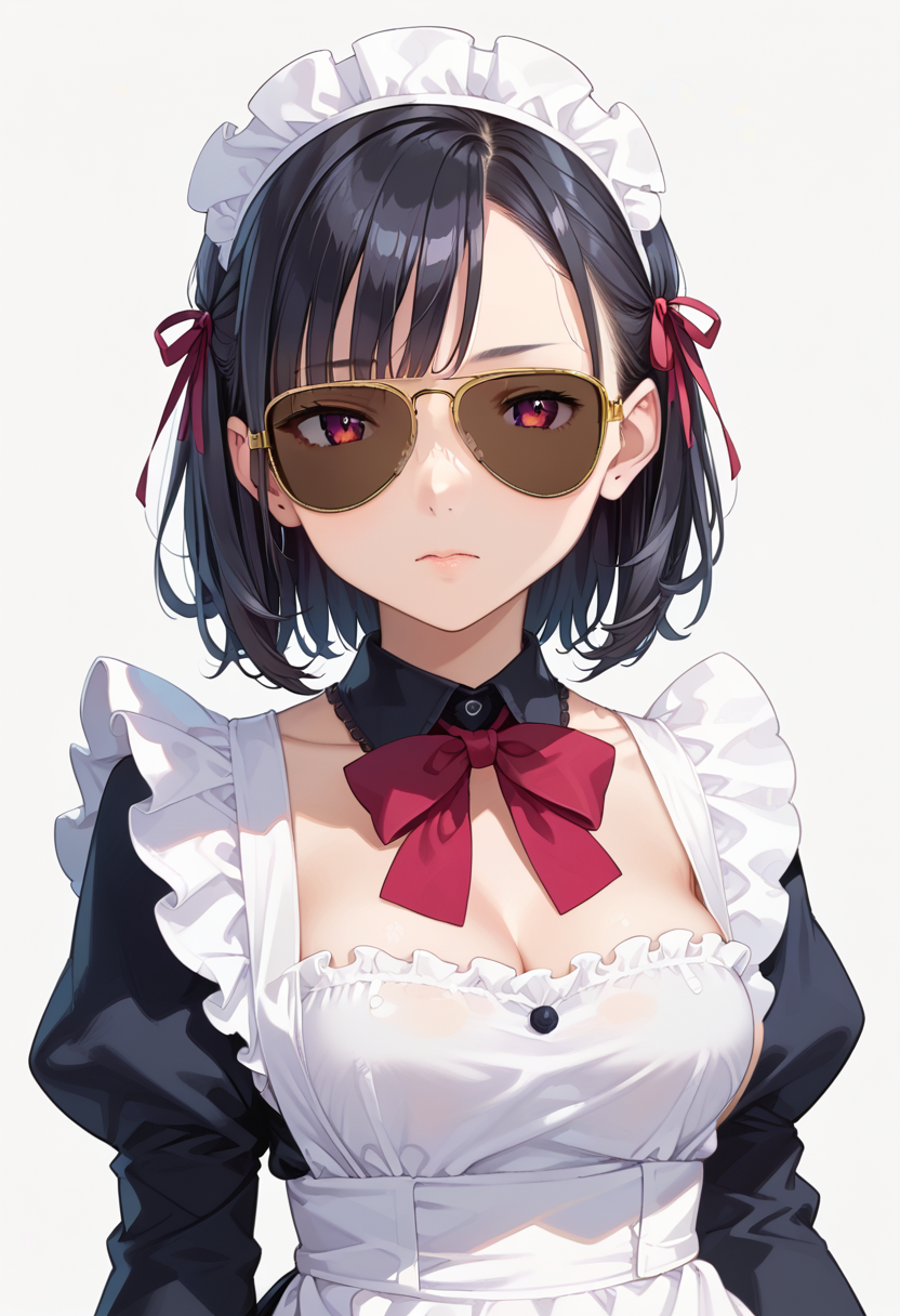 score_9, score_8_up, score_7_up, rating_safe, masterpiece, best quality, absurdres, unity 8k wallpaper, official art, official style, source_anime, uncensored, game cg, megami magazine,
1girl, solo, black hair, medium hair, upper body, maid, maid headdress, black dress, maid apron,
sg-AVIATOR, sunglasses, dark-tinted eyewear, covered eyes, white background, simple background, yellow-framed eyewear
 <lora:glasses_aviator_PONY_V2:1>