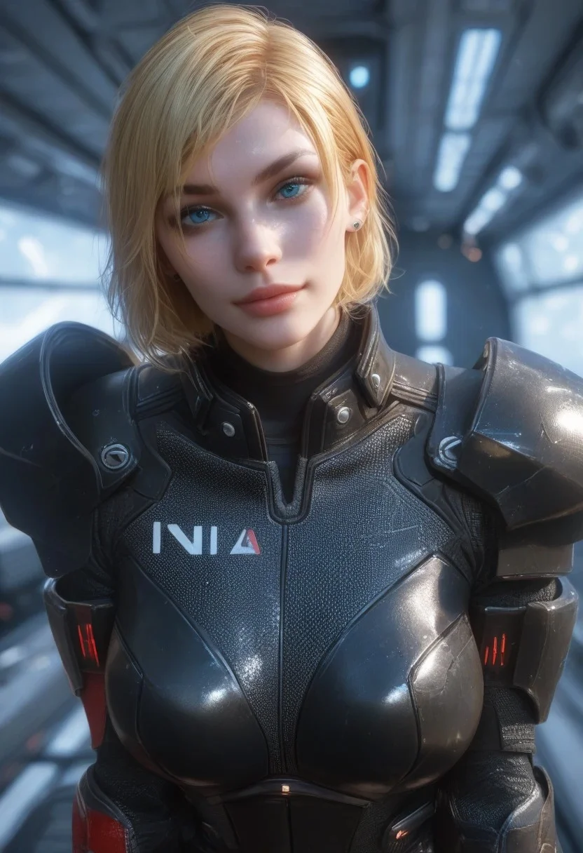 score_9, score_8_up, score_7_up, score_6_up, score_5_up, 1girl, blonde hair, bobcut, blue eyes, busty, seductive smile, looking at the viewer, Expressiveh, realistic, femshepxl, black power armor, N7, full bodysuit, armor, alone, clean spaceship, futuristic