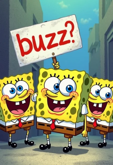 spongebobs1 holding up a sign with the word "buzz?"