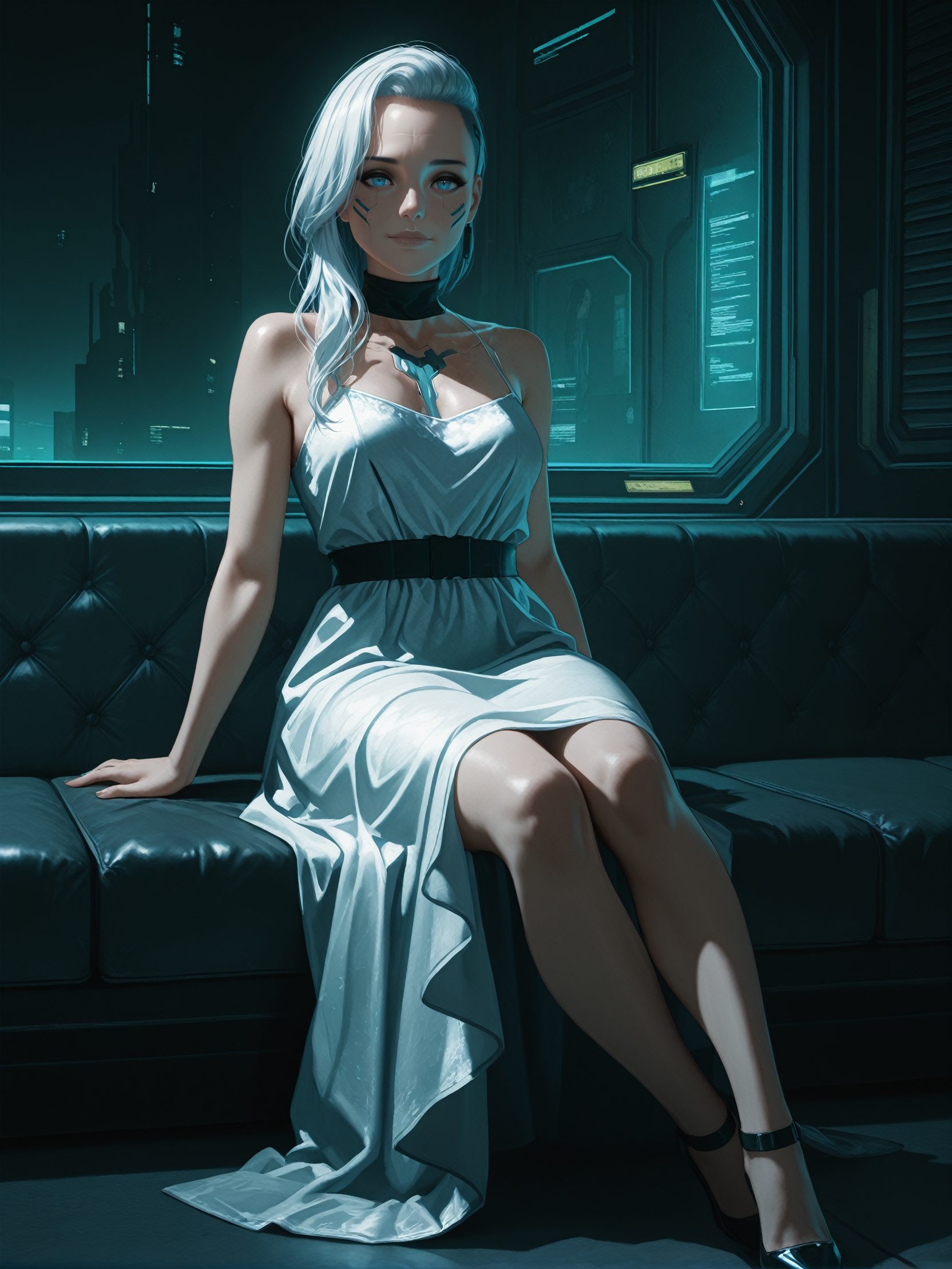 masterpiece, best quality, amazing quality, very aesthetic, absurdres, newest,
<lora:ILCyberRogueOld:1.0>
CyberRogueOld, 1girl, white hair, asymmetrical hair, blue eyes, looking at viewer, cyberpunk, elegant dress, intricate details, cinematic lighting, soft glow, ethereal beauty, ultra-realistic, highly detailed, 8K render, masterpiece, Vogue photoshoot, stunning background, breathtaking scenery, sitting, full body