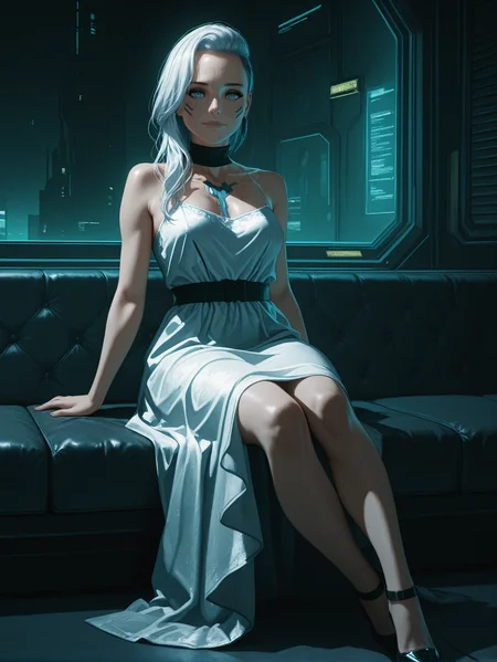 masterpiece, best quality, amazing quality, very aesthetic, absurdres, newest,
<lora:ILCyberRogueOld:1.0>
CyberRogueOld, 1girl, white hair, asymmetrical hair, blue eyes, looking at viewer, cyberpunk, elegant dress, intricate details, cinematic lighting, soft glow, ethereal beauty, ultra-realistic, highly detailed, 8K render, masterpiece, Vogue photoshoot, stunning background, breathtaking scenery, sitting, full body