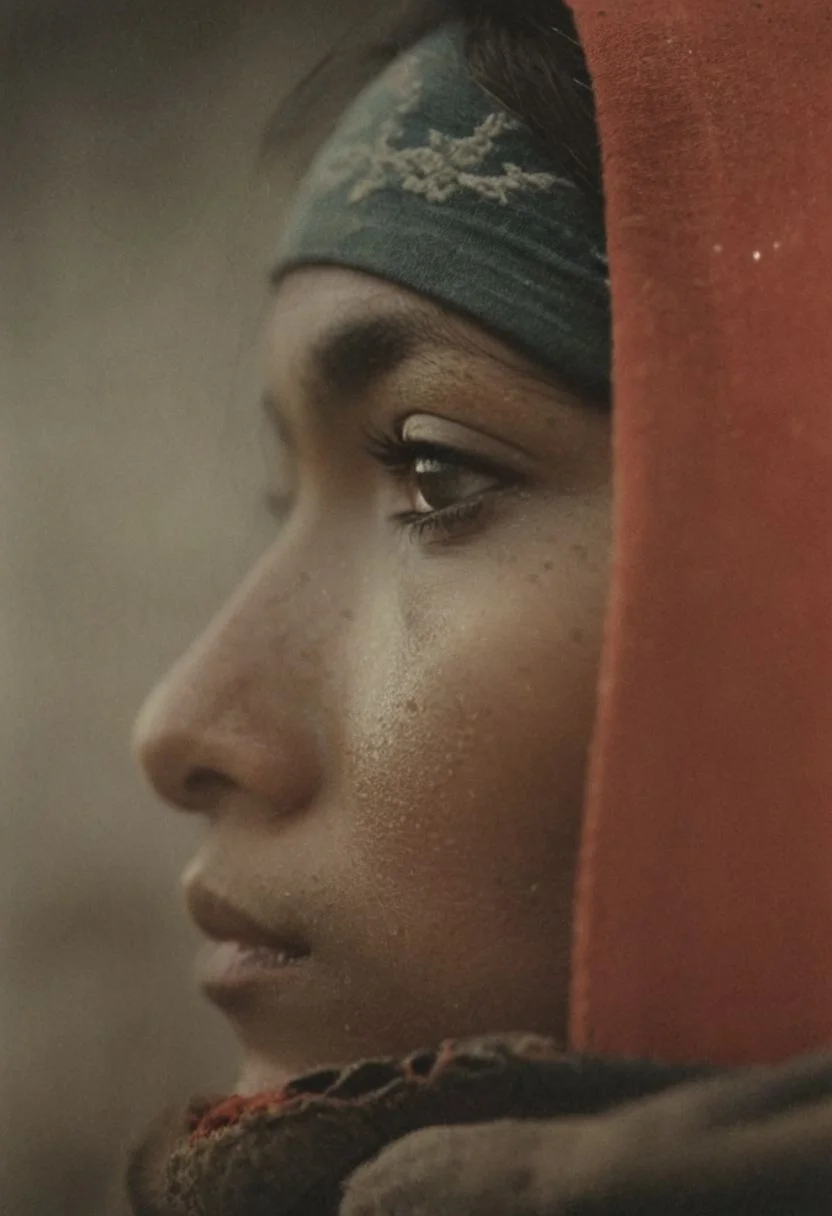 Cm-style, Sideview Profil Vintage Photo By Carl moon, Closeup Profile, moody, western, amerikana, freckled Navajo girl, dirt, dust, dusk, gravel, Large outworn Cowboy hat, bleaked vibrant Red old linen scarf, gritty, atmospheric haze, shrouded DARK Background, Film grain, cinematic film still, shallow depth of field, highly detailed, high budget, cinemascope, moody, epic, OverallDetail, gorgeous, 2000s vintage RAW photo, photorealistic, candid camera, color graded cinematic, eye catchlights, atmospheric lighting, skin pores, imperfections, natural, shallow dof,.