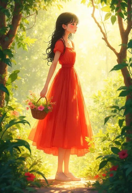 Digital illustration of a young woman with braided hair, dressed in a vibrant red dress, walking through a sunlit forest. She carries a small basket of flowers, with golden sunlight filtering through the trees and casting dappled shadows on the forest floor. The background features lush green foliage with warm golden light, creating a serene and lively environment. The style is clean and modern, using flat colors and delicate shading to highlight the natural beauty and the joyful energy of the scene.