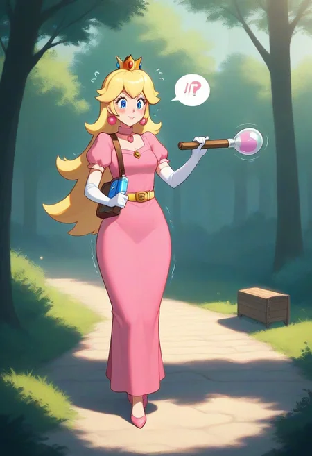 score_9,score_8_up,score_7_up,score_6_up,score_5_up,1girl, (princess_peach),mario_(series),(blonde_hair),blue_eyes,thick lips,glowing eyes,(wide hips),(thick thighs),curvy,happy,(blush stickers),tongue,pink dress,puffy shoulders,flower accesories, gold crown,gold belt,(long hair),(hand sign),white gloves,hair acccessories,holding wooden hammer,Jed-StickyN,belt,bullet belt,potion bottles,(bomb:1.4),lace pink dress,one-piece dress, long skirt,(gun case),CHRC4ND7,(forest),dress made of paper,(jewelry made of candies),(weapons made of paper),thick lips, wooden hut in the background,armory near forest,stone path, (motion lines:1.4),(trembling lines:1.4),(steamy breath),(flying sweatdrops:1.4),(clouds,stone bridge,statues made of paper), deep background,bracalet,gold necklace,mole,(??:1.4),origami, masterpiece,best quality,newest,absurdres,best shadow,light particles,4k,highly detailed background,amazing quality,very detailed clothes,highly detailed skin,wooden fence,umbrella, emphasis lines,very aesthetic,dynamic angle,high quality,gun, best shadows,spoken star,elbow gloves,<lora:add-detail-xl:2>
