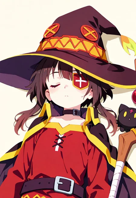 masterpiece,best quality,amazing quality, solo, 1girl, Megumin, red_eyes, brown_hair, short_hair_with_long_locks,eye patch ,closed eyes ,witch_hat, red_dress, black_cape, black_collar, black_belt, black_gloves, fingerless_gloves, upper_body, (chomusuke),lying face down, collapse,simple background, love symbol,haiz_ai, no lineart,no outline, <lora:ponyv6_noobE11_2_adamW-000017:0.3> <lora:MeMaXL4:0.8> <lora:veluflora-wai:0.4> <lora:haiz_ai_illu:0.7>,staff on ground,=w=
