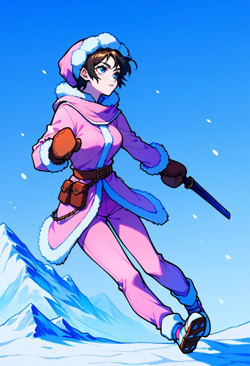 score_9, score_8_up, score_7_up, source_anime, icnana, snow, upper body, blue sky, weapon, brown gloves, fur-trimmed sleeves, brown mittens, shoes, pink pants, medium breasts
